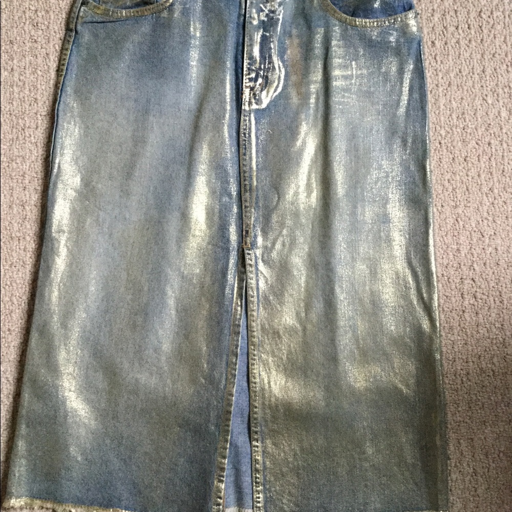 Light blue denim skirt with glam gold burnish